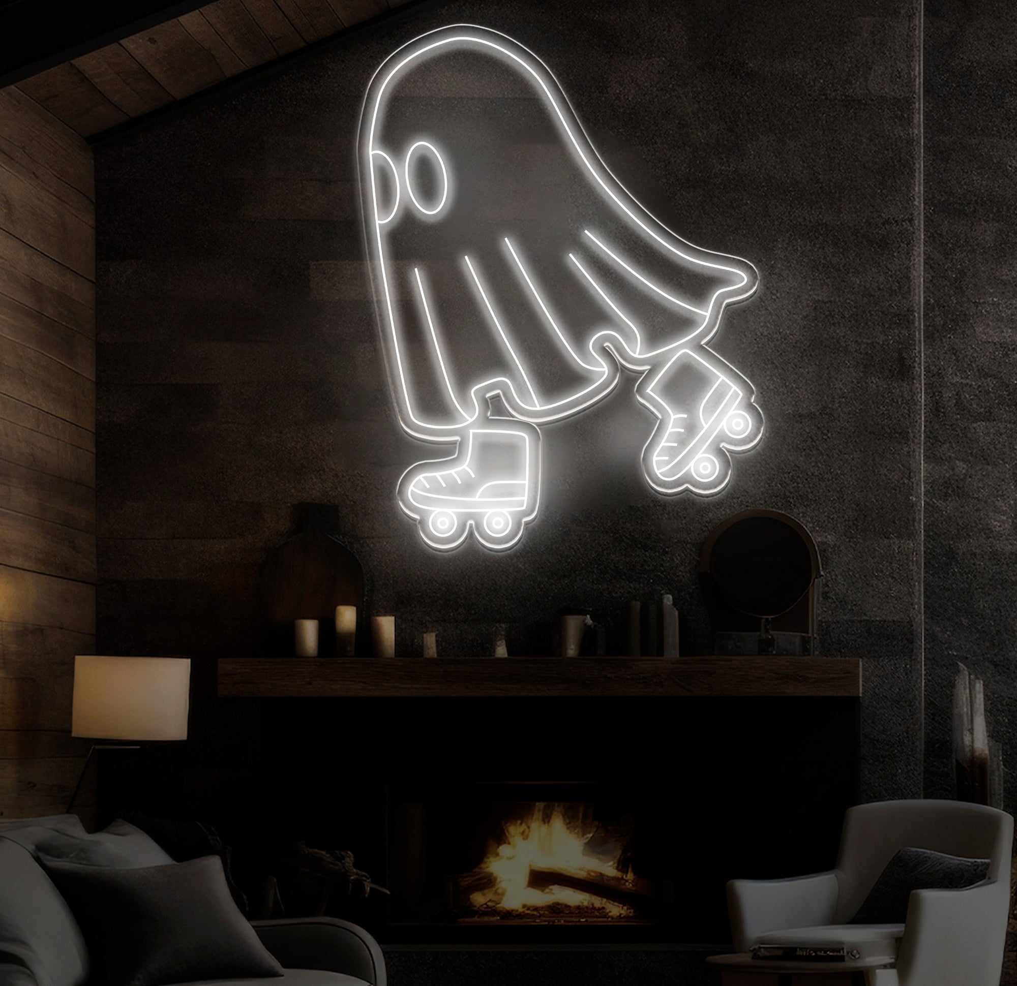 Roller Skating Ghost Neon Sign, Fun Ghost LED Wall Art, Custom Neon Roller Ghost Decor, Halloween Ghost Light, Kids Room and Party Decor
