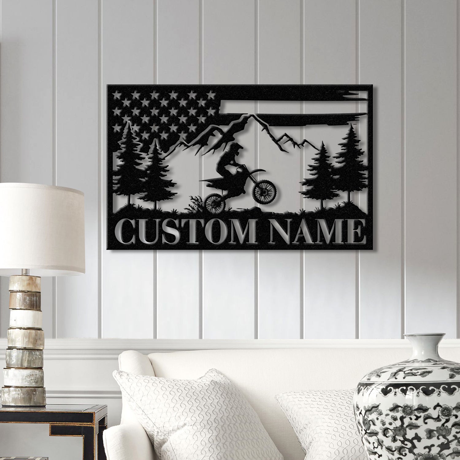 Personalized US Flag Dirt Bike Metal Sign with Led Light - Motocross Decor, Biker Name Sign, Outdoor Motorcycle Wall Art, Dirt Bike Gift