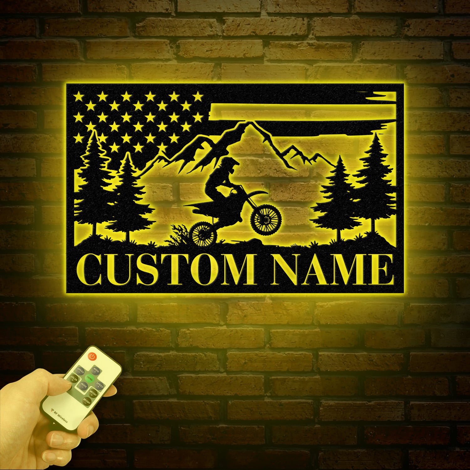 Personalized US Flag Dirt Bike Metal Sign with Led Light - Motocross Decor, Biker Name Sign, Outdoor Motorcycle Wall Art, Dirt Bike Gift