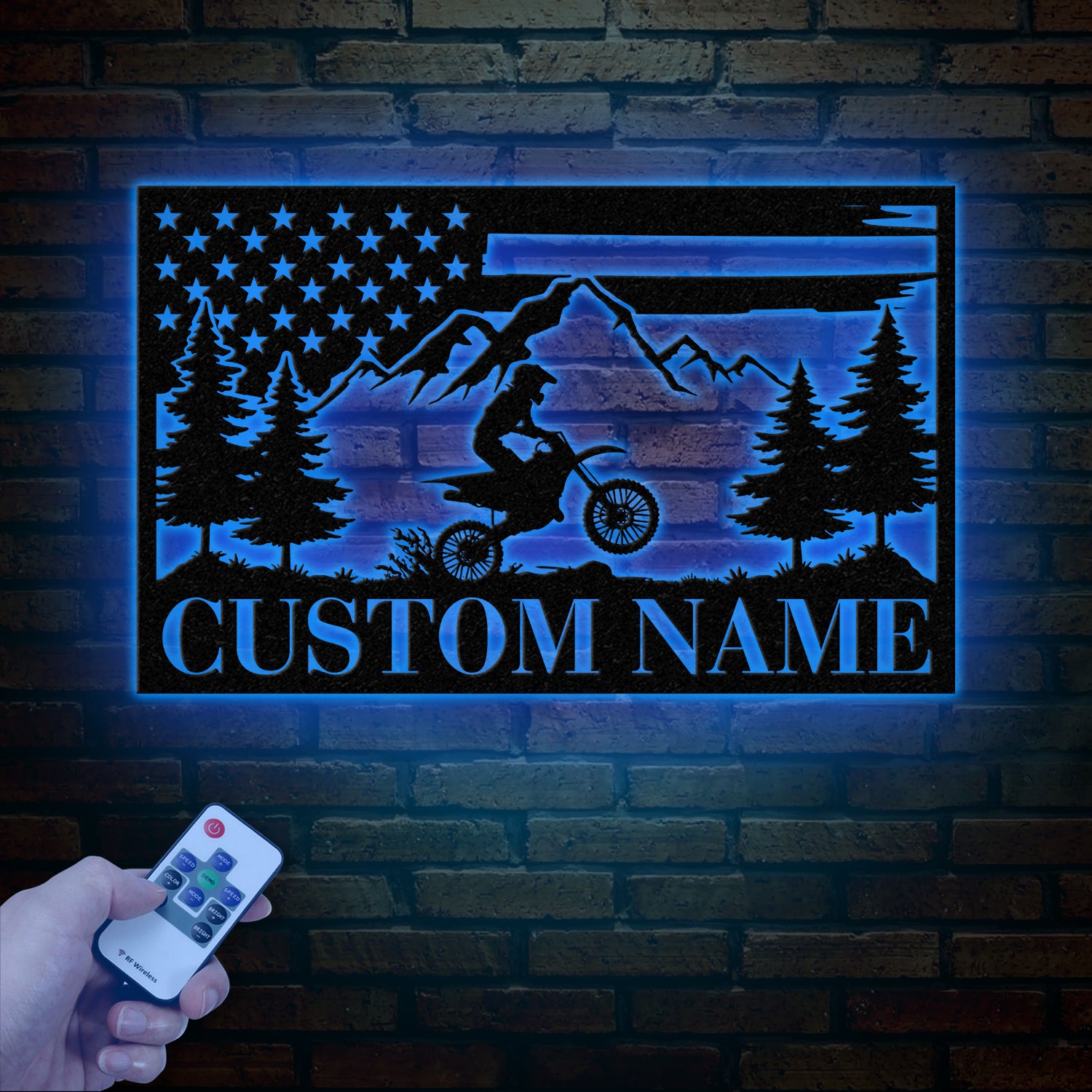 Personalized US Flag Dirt Bike Metal Sign with Led Light - Motocross Decor, Biker Name Sign, Outdoor Motorcycle Wall Art, Dirt Bike Gift