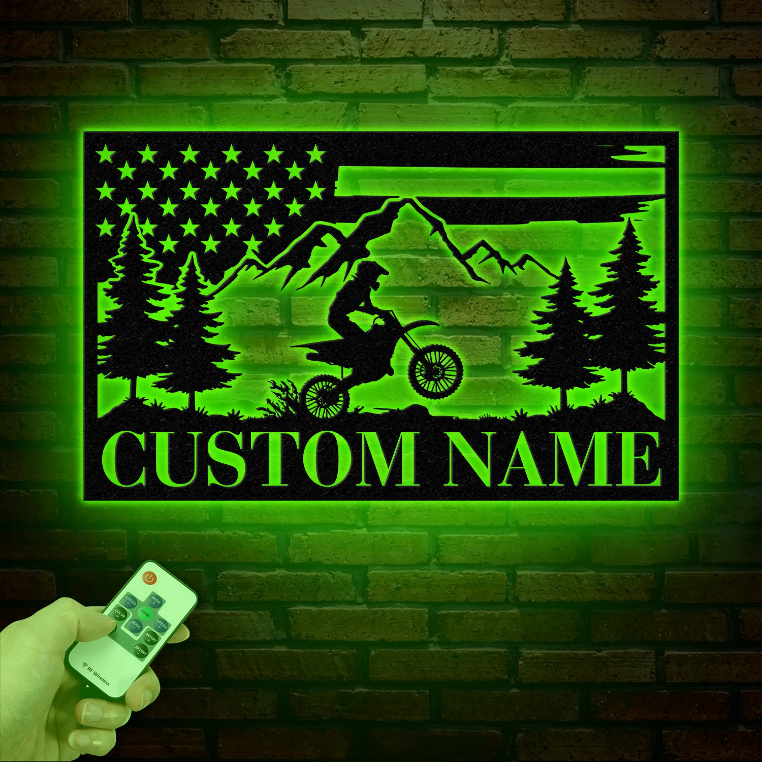 Personalized US Flag Dirt Bike Metal Sign with Led Light - Motocross Decor, Biker Name Sign, Outdoor Motorcycle Wall Art, Dirt Bike Gift