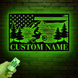 Personalized US Flag Dirt Bike Metal Sign with Led Light - Motocross Decor, Biker Name Sign, Outdoor Motorcycle Wall Art, Dirt Bike Gift