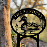 Custom Mallard Duck Metal Sign with Lake Scene, Personalized Address or Lake Lot Sign, Garden Stake, Custom Name Sign, Garden Decor