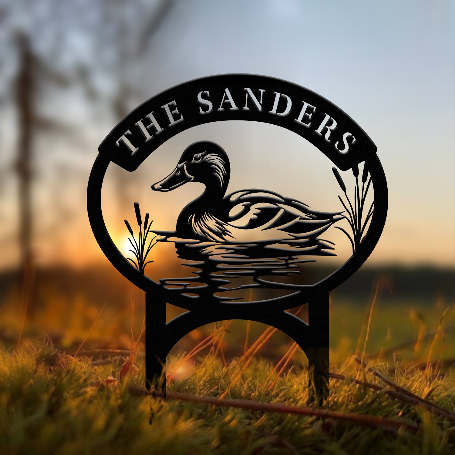 Custom Mallard Duck Metal Sign with Lake Scene, Personalized Address or Lake Lot Sign, Garden Stake, Custom Name Sign, Garden Decor