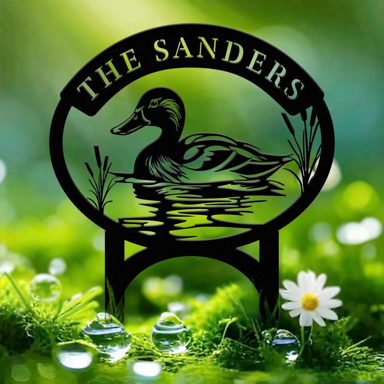 Custom Mallard Duck Metal Sign with Lake Scene, Personalized Address or Lake Lot Sign, Garden Stake, Custom Name Sign, Garden Decor