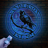 Custom Raven Metal Sign with Led Lights, Personalized Black Crow Name Sign, Metal Crow Wall Art, Raven Birdwatch Decor, Gift for Bird Lover