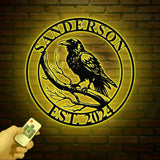 Custom Raven Metal Sign with Led Lights, Personalized Black Crow Name Sign, Metal Crow Wall Art, Raven Birdwatch Decor, Gift for Bird Lover