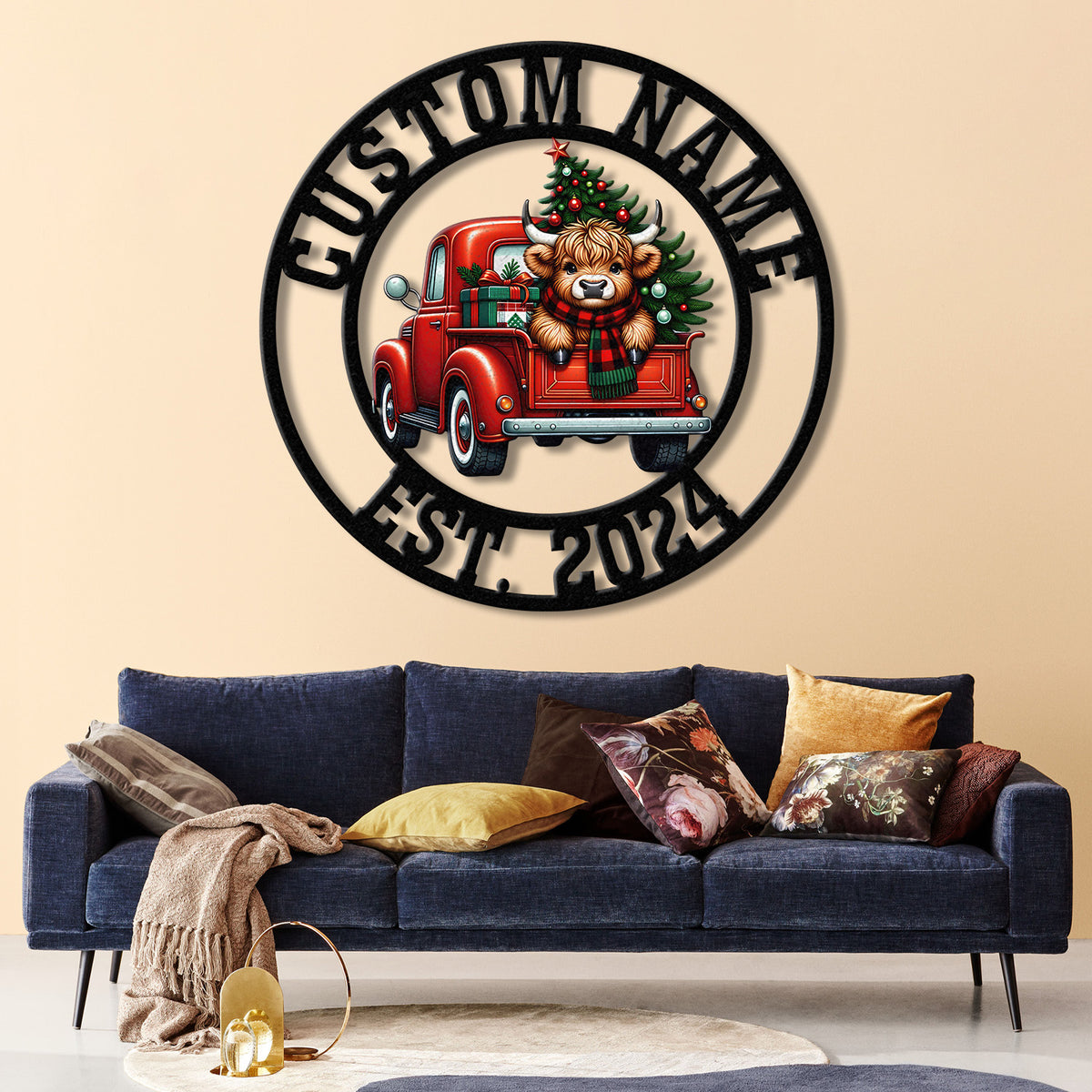 Highland On A Christmas Truck Metal Sign, Custom Highland Cow Wall Art, Personalized Highland Cow Farm Sign, Farmhouse Decor, Ranch Decor