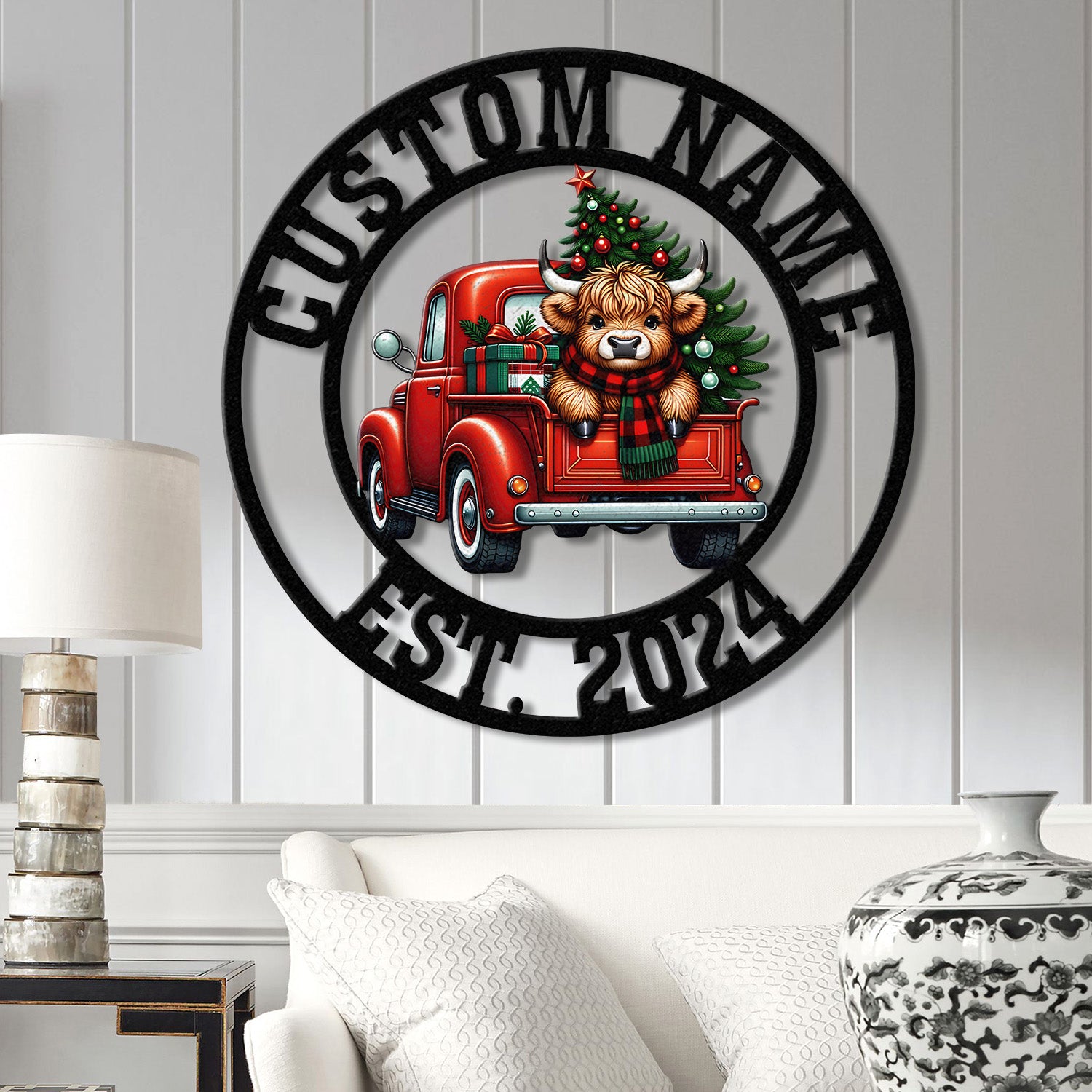 Highland On A Christmas Truck Metal Sign, Custom Highland Cow Wall Art, Personalized Highland Cow Farm Sign, Farmhouse Decor, Ranch Decor