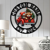 Highland On A Christmas Truck Metal Sign, Custom Highland Cow Wall Art, Personalized Highland Cow Farm Sign, Farmhouse Decor, Ranch Decor