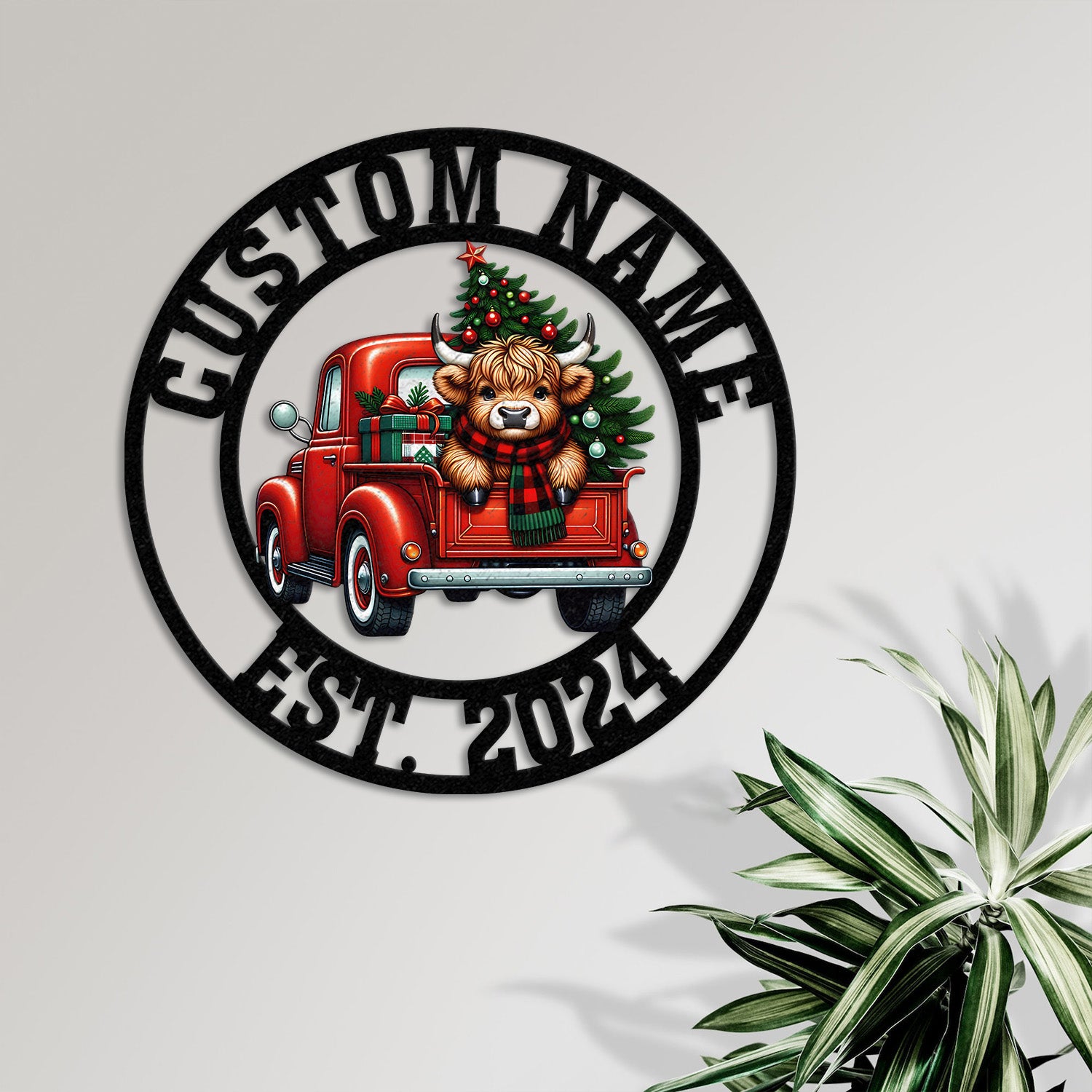 Highland On A Christmas Truck Metal Sign, Custom Highland Cow Wall Art, Personalized Highland Cow Farm Sign, Farmhouse Decor, Ranch Decor