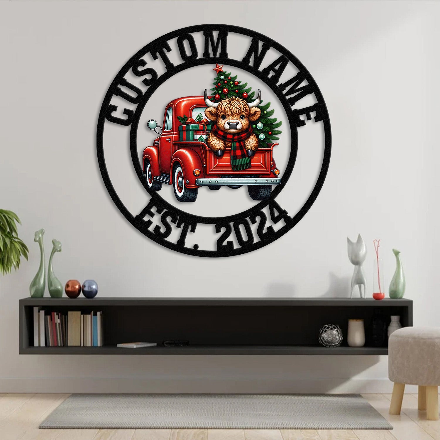 Highland On A Christmas Truck Metal Sign, Custom Highland Cow Wall Art, Personalized Highland Cow Farm Sign, Farmhouse Decor, Ranch Decor