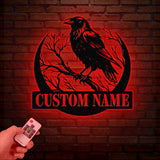 Custom Raven Metal Sign with Led Lights, Personalized Black Crow Name Sign, Metal Crow Wall Art, Raven Birdwatch Decor, Gift for Bird Lover