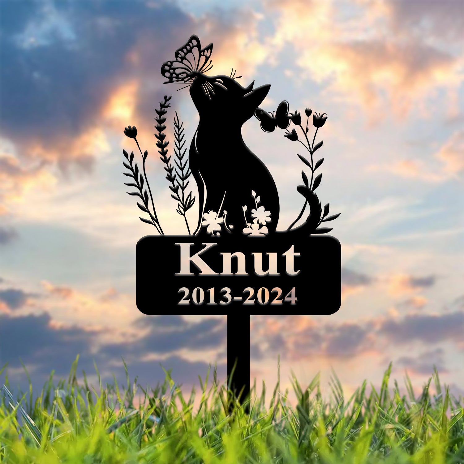Personalized Cat Memorial Stake, Custom Metal Grave Marker with Flower, Cat Cemetery Stake, Loss of Cat Sympathy Gift, Cat Garden Decoration