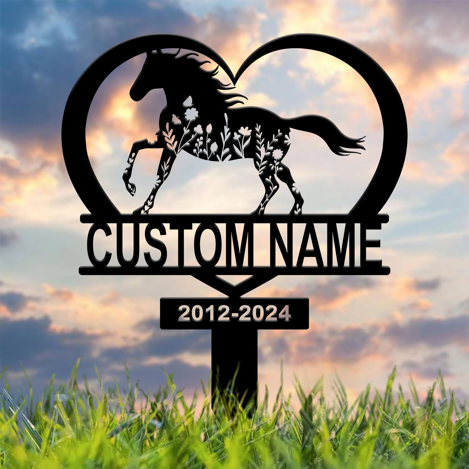 Personalized Floral Horse Heart Memorial Stake - Pet Grave Marker Sign, Horse Loss Gift, Sympathy Remembrance Sign for Garden or Yard