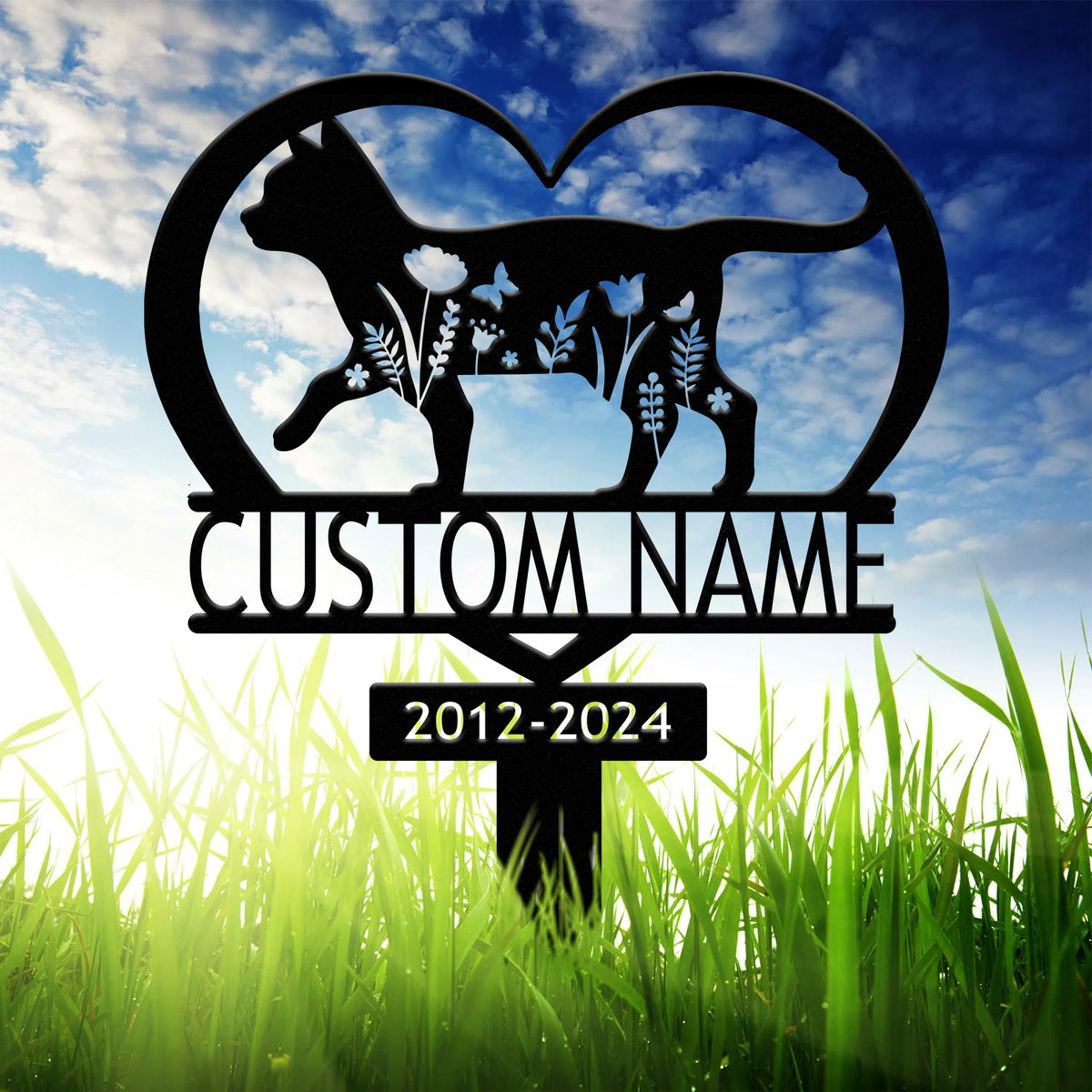 Personalized Metal Cat Grave Marker - Custom Cat Memorial Stake with Flowers, Cat Cemetery Stake, Garden Decor, Pet Loss Memorial for Cats
