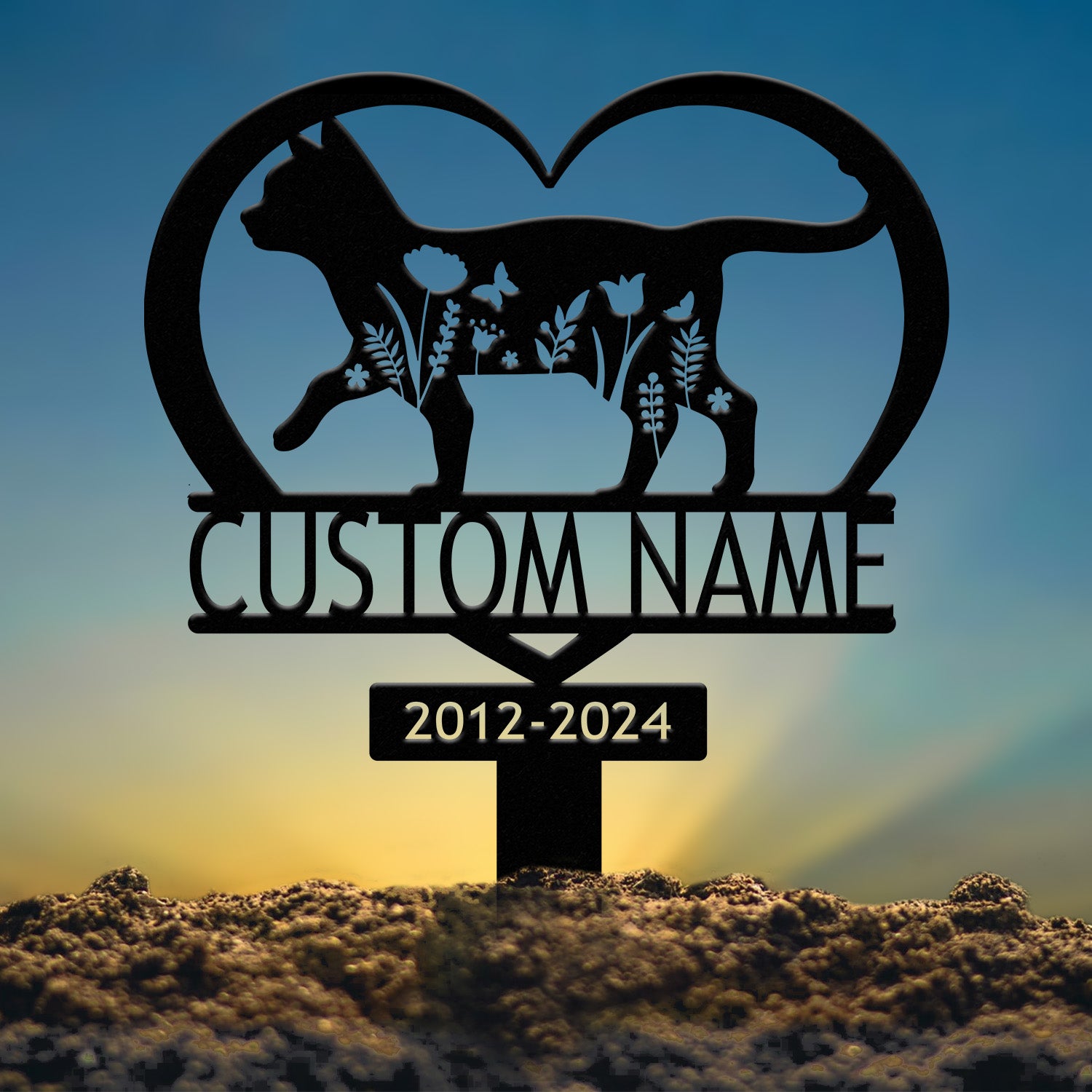 Personalized Metal Cat Grave Marker - Custom Cat Memorial Stake with Flowers, Cat Cemetery Stake, Garden Decor, Pet Loss Memorial for Cats