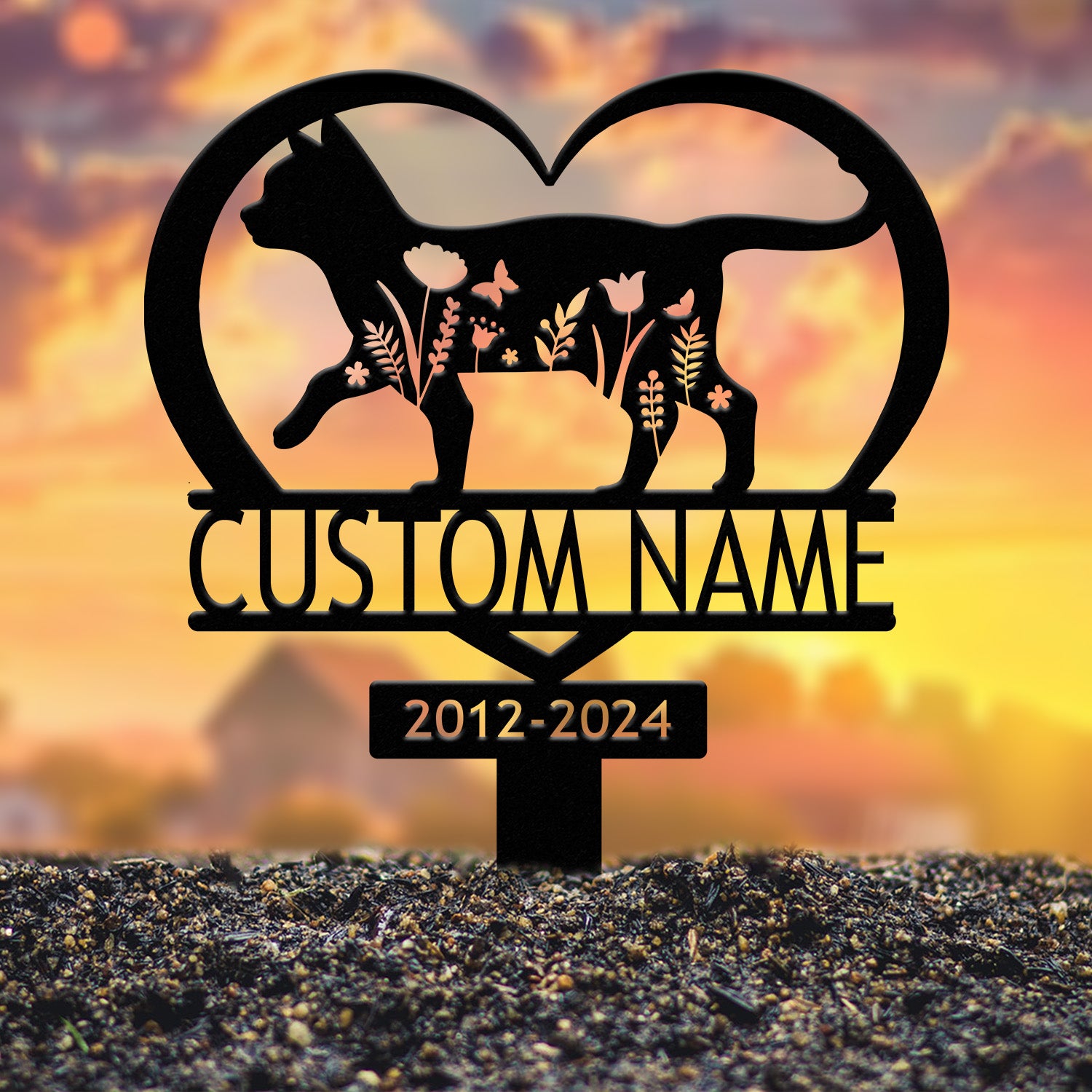 Personalized Metal Cat Grave Marker - Custom Cat Memorial Stake with Flowers, Cat Cemetery Stake, Garden Decor, Pet Loss Memorial for Cats