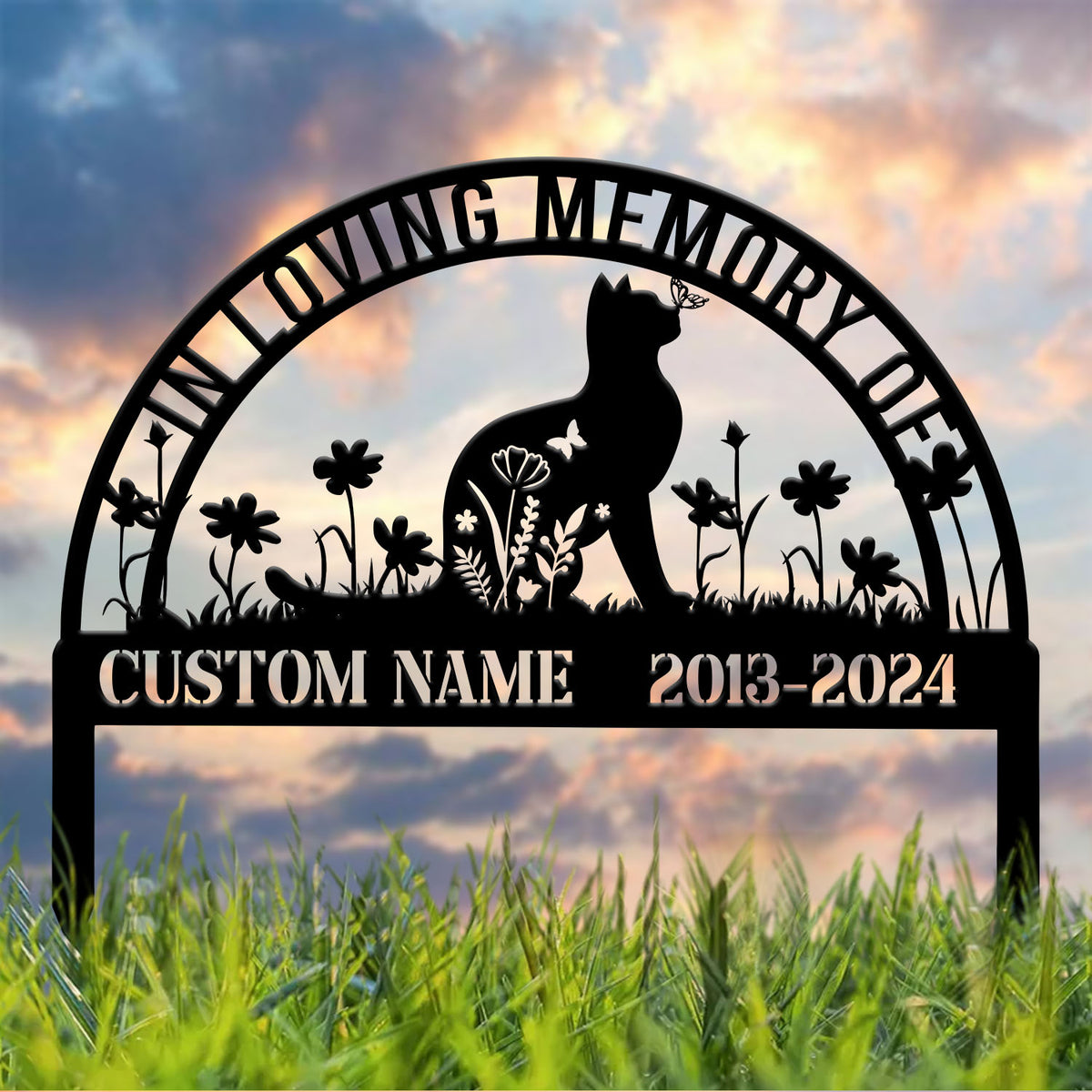 Personalized Metal Cat Grave Marker - Custom Cat Memorial Stake with Flowers, Cat Cemetery Stake, Garden Decor, Pet Loss Memorial for Cats