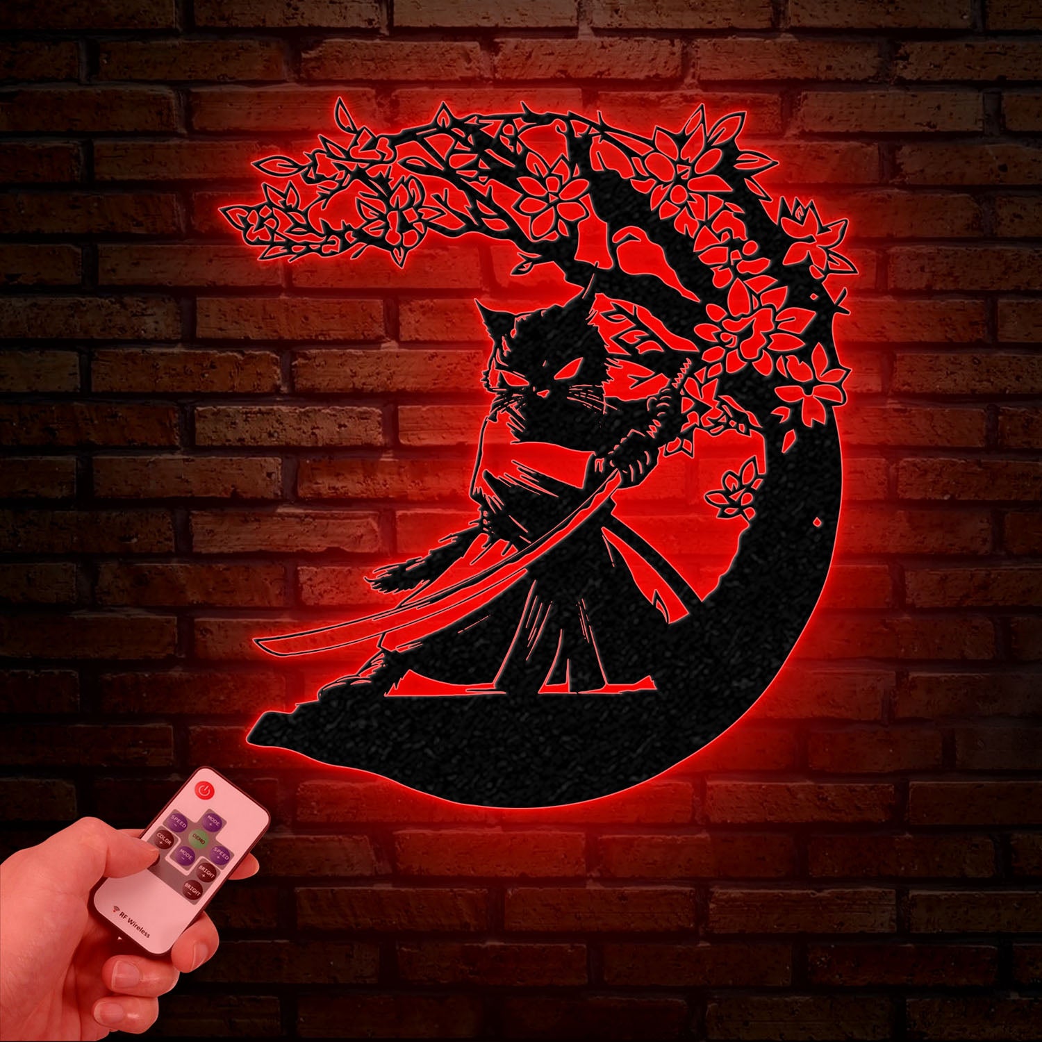 Custom Samurai Cat Wall Art with Led Lights, Personalized Cute Samurai Cat Metal Sign, Japanese Art Decor, Cat Sign Decor, Cat Lovers Gifts