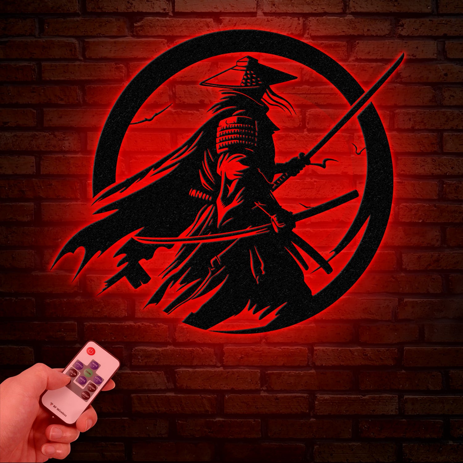 Custom Samurai Metal Wall Art with LED Lights, Personalized Japanese Warrior Silhouette Decor, Man Cave, Night Light, or Gift for Boyfriend