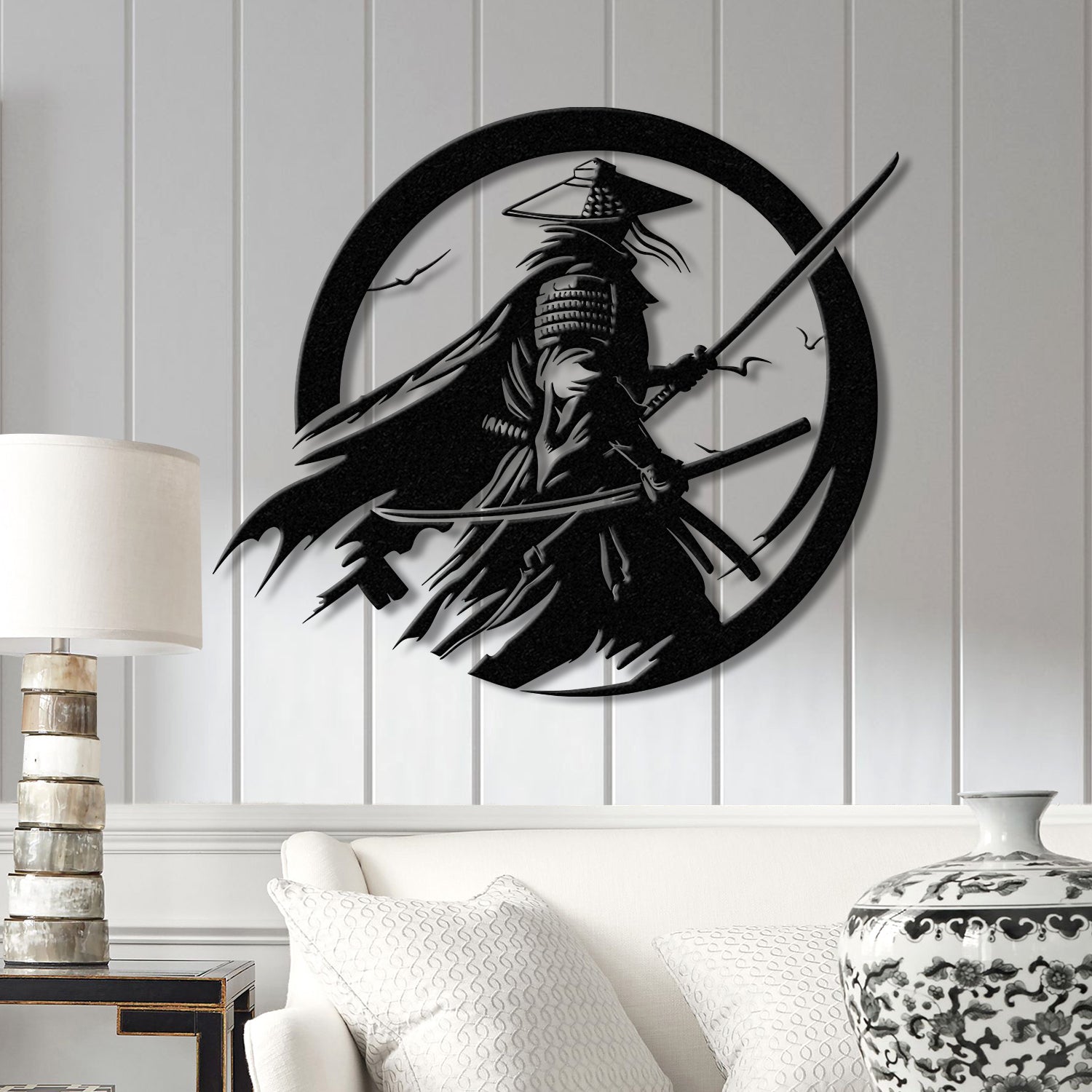 Custom Samurai Metal Wall Art with LED Lights, Personalized Japanese Warrior Silhouette Decor, Man Cave, Night Light, or Gift for Boyfriend