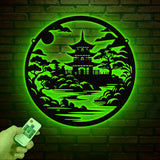 Japanese Temple Art Bonsai Tree Metal Wall Art with Led Lights, Japanese Theme Wall Sign, Bedroom Wall Art, Japanese Temple Metal Art