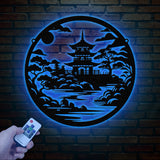 Japanese Temple Art Bonsai Tree Metal Wall Art with Led Lights, Japanese Theme Wall Sign, Bedroom Wall Art, Japanese Temple Metal Art