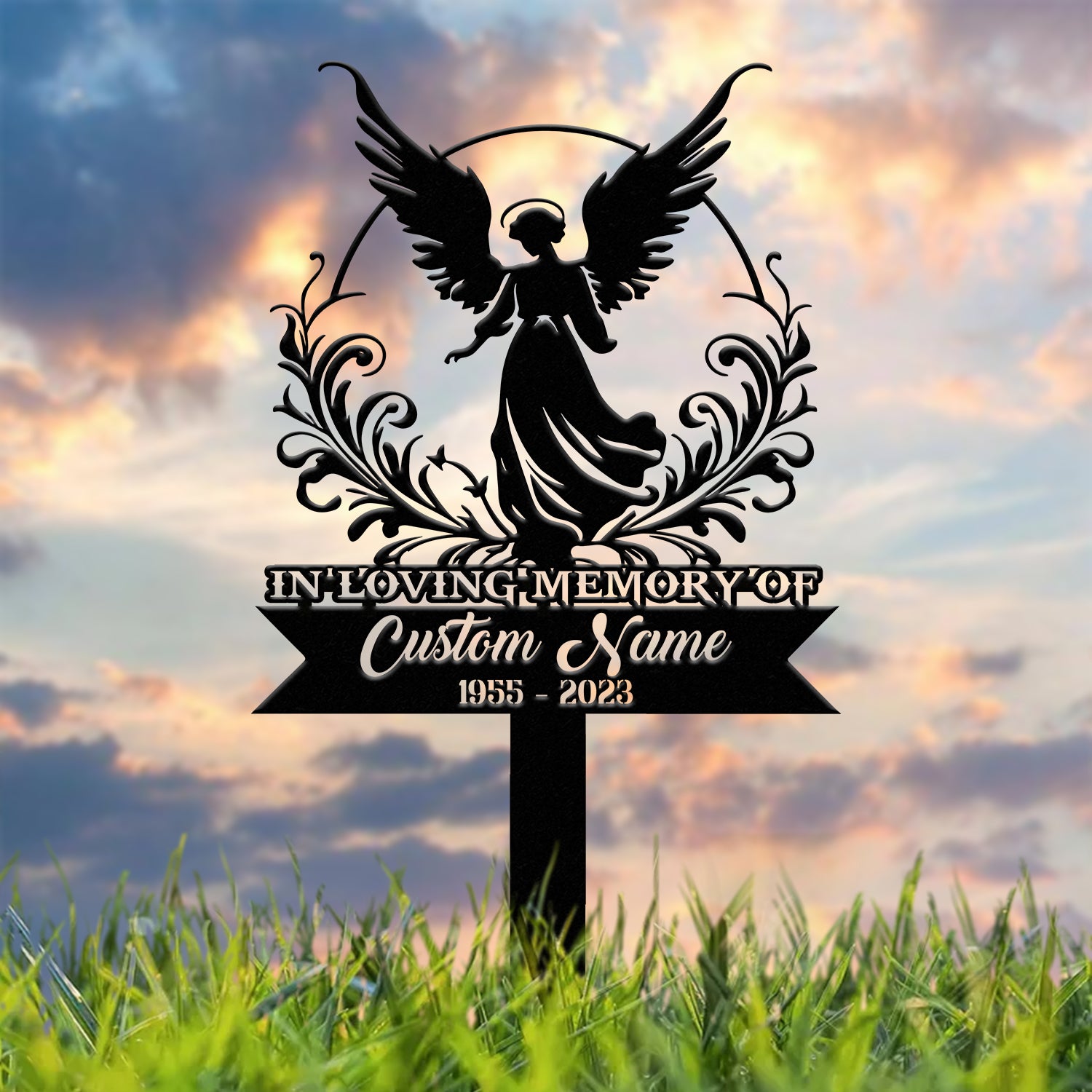 Angel Memorial Plaque with Stake, Custom Angel Memorial Stake, Angel Grave Marker, Angel Metal Grave Stake, In Loving Memory, Cemetery Stake