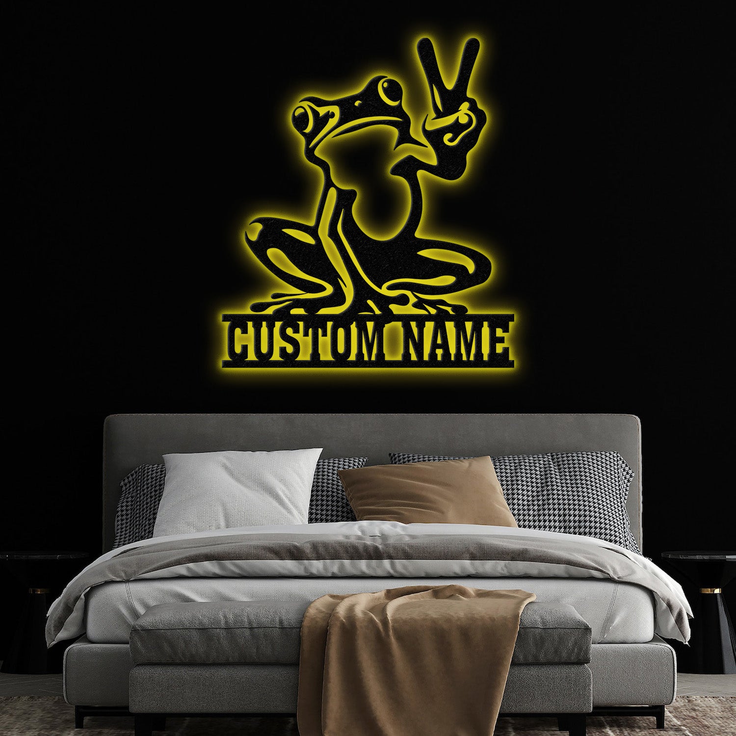 Custom Frog Peace Metal Sign with Led Lights, Frog Wall Art, Frog Decor, Lake House Sign, Personalized Frog Name Sign, Garden Decor
