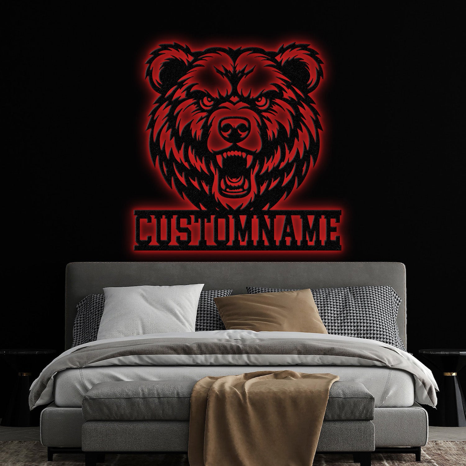 Custom Grizzly Bear Metal Sign with LED Light, Personalized Angry Bear Name Sign, Bear Roar Wild Animal, Bedroom Decoration, Christmas Gift