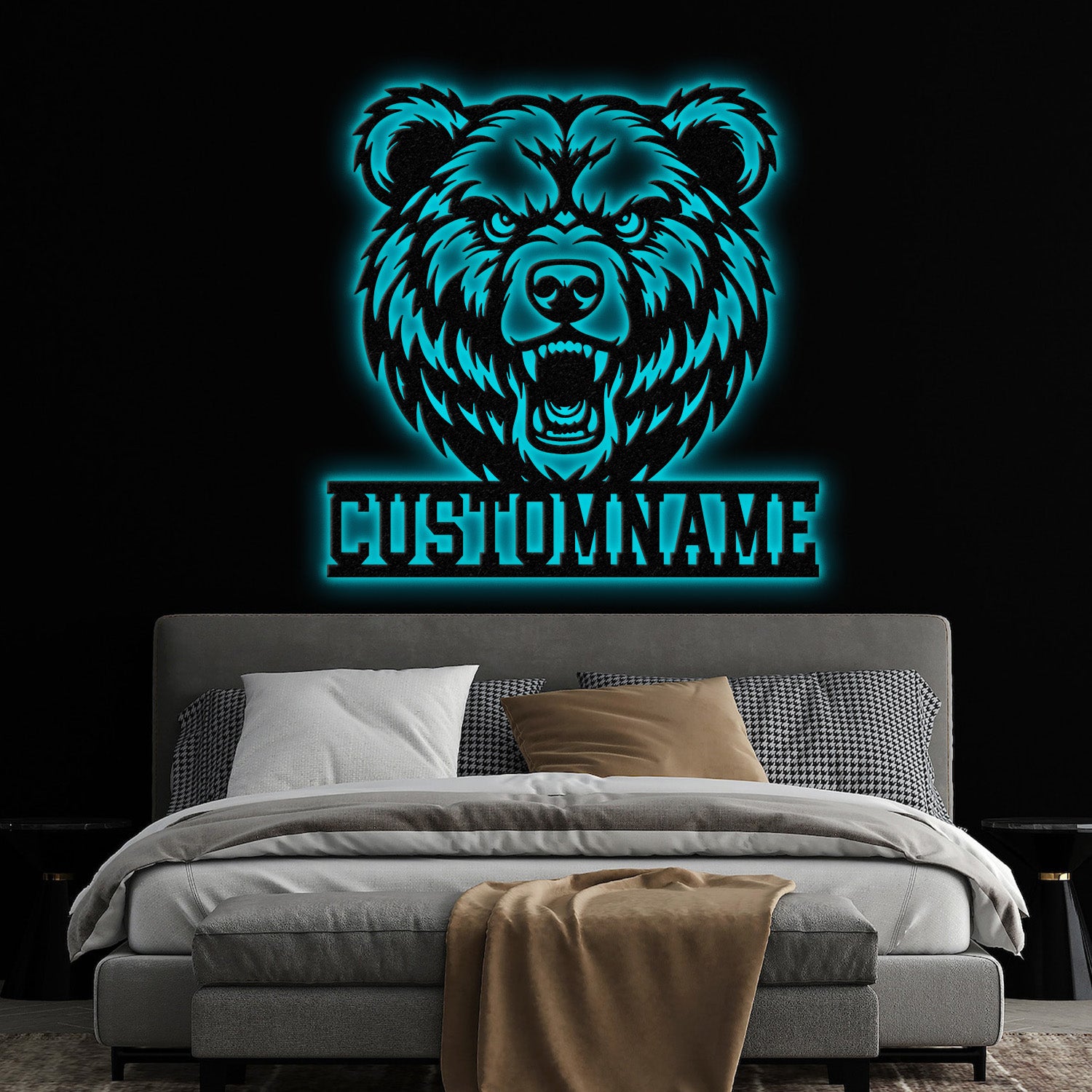 Custom Grizzly Bear Metal Sign with LED Light, Personalized Angry Bear Name Sign, Bear Roar Wild Animal, Bedroom Decoration, Christmas Gift