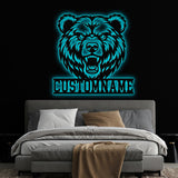 Custom Grizzly Bear Metal Sign with LED Light, Personalized Angry Bear Name Sign, Bear Roar Wild Animal, Bedroom Decoration, Christmas Gift