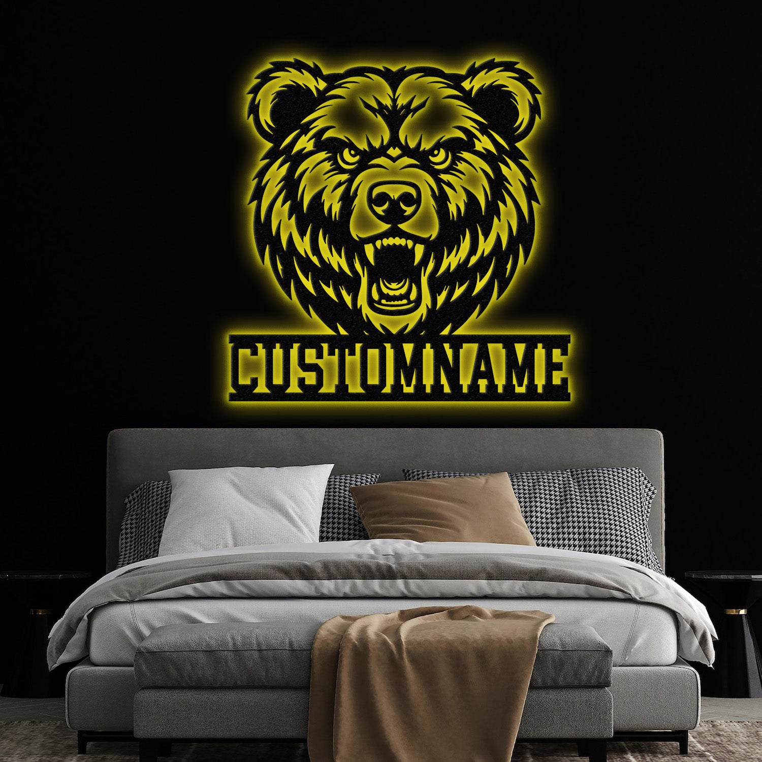 Custom Grizzly Bear Metal Sign with LED Light, Personalized Angry Bear Name Sign, Bear Roar Wild Animal, Bedroom Decoration, Christmas Gift