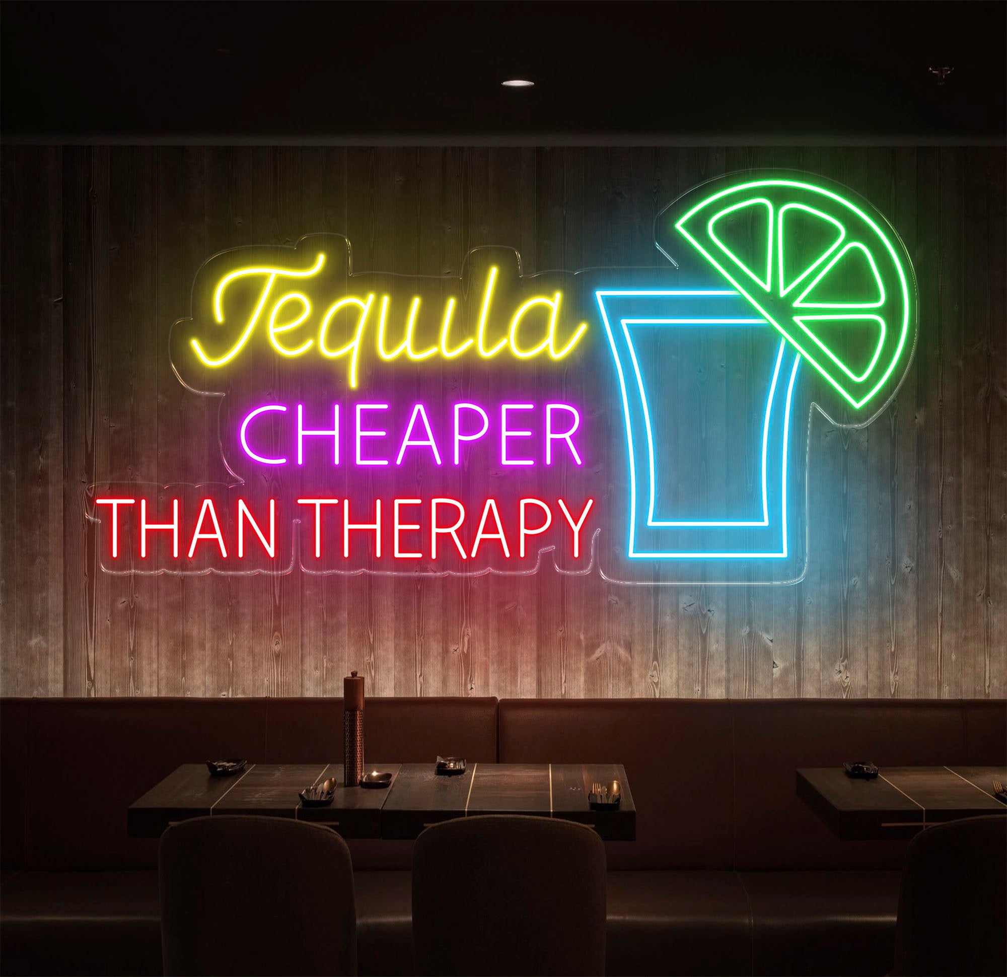 Tequila Cheaper Than Therapy Neon Sign - Tequila LED Bar Light, Drink Wall Art, Open Sign Decor, Perfect for Room or Restaurant Decoration