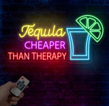 Tequila Cheaper Than Therapy Neon Sign - Tequila LED Bar Light, Drink Wall Art, Open Sign Decor, Perfect for Room or Restaurant Decoration