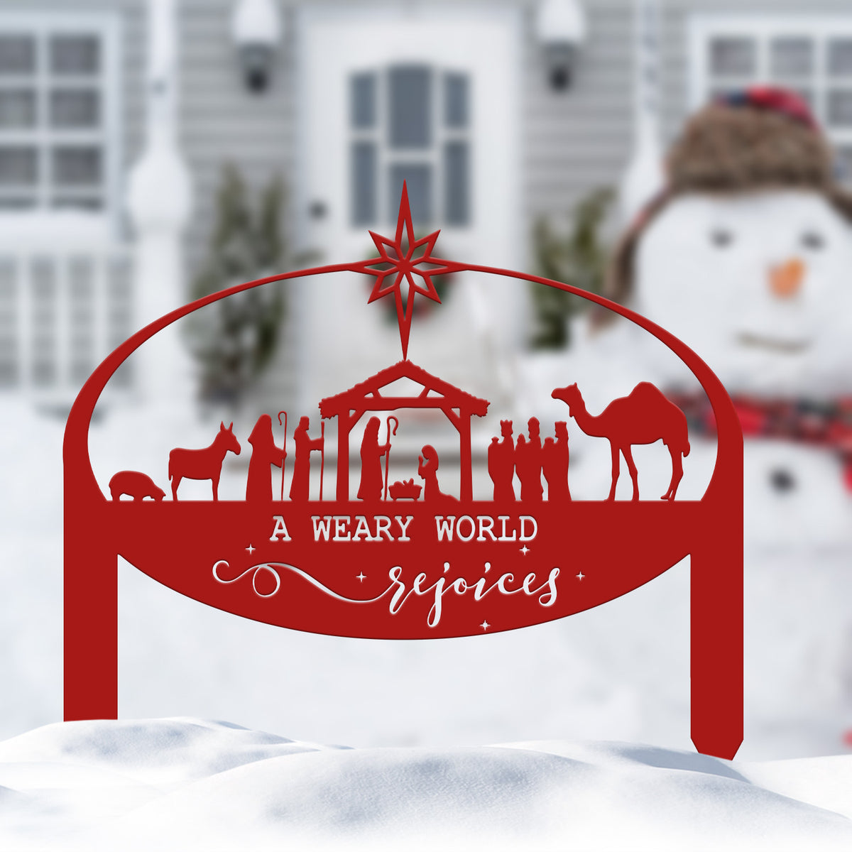 A Weary World Rejoices Sign, Outdoor Nativity Metal Yard Stake, Oval Manger Scene Sign, Holiday Decor, Merry Christmas Sign