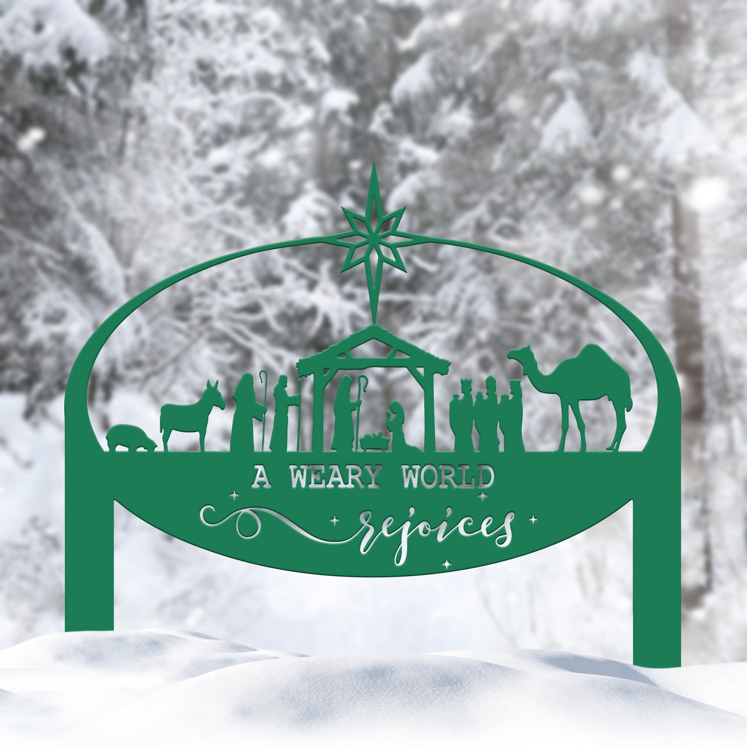 A Weary World Rejoices Sign, Outdoor Nativity Metal Yard Stake, Oval Manger Scene Sign, Holiday Decor, Merry Christmas Sign