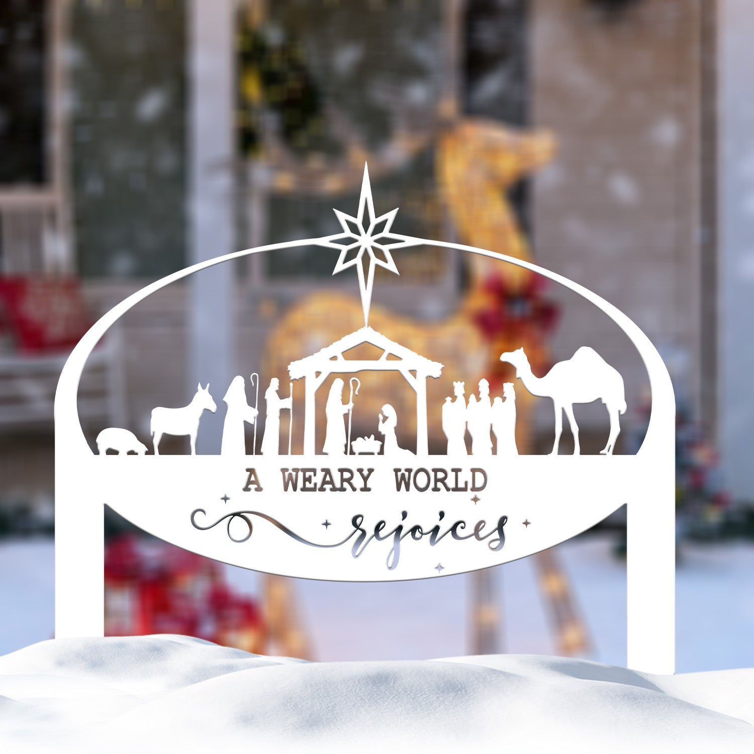 A Weary World Rejoices Sign, Outdoor Nativity Metal Yard Stake, Oval Manger Scene Sign, Holiday Decor, Merry Christmas Sign