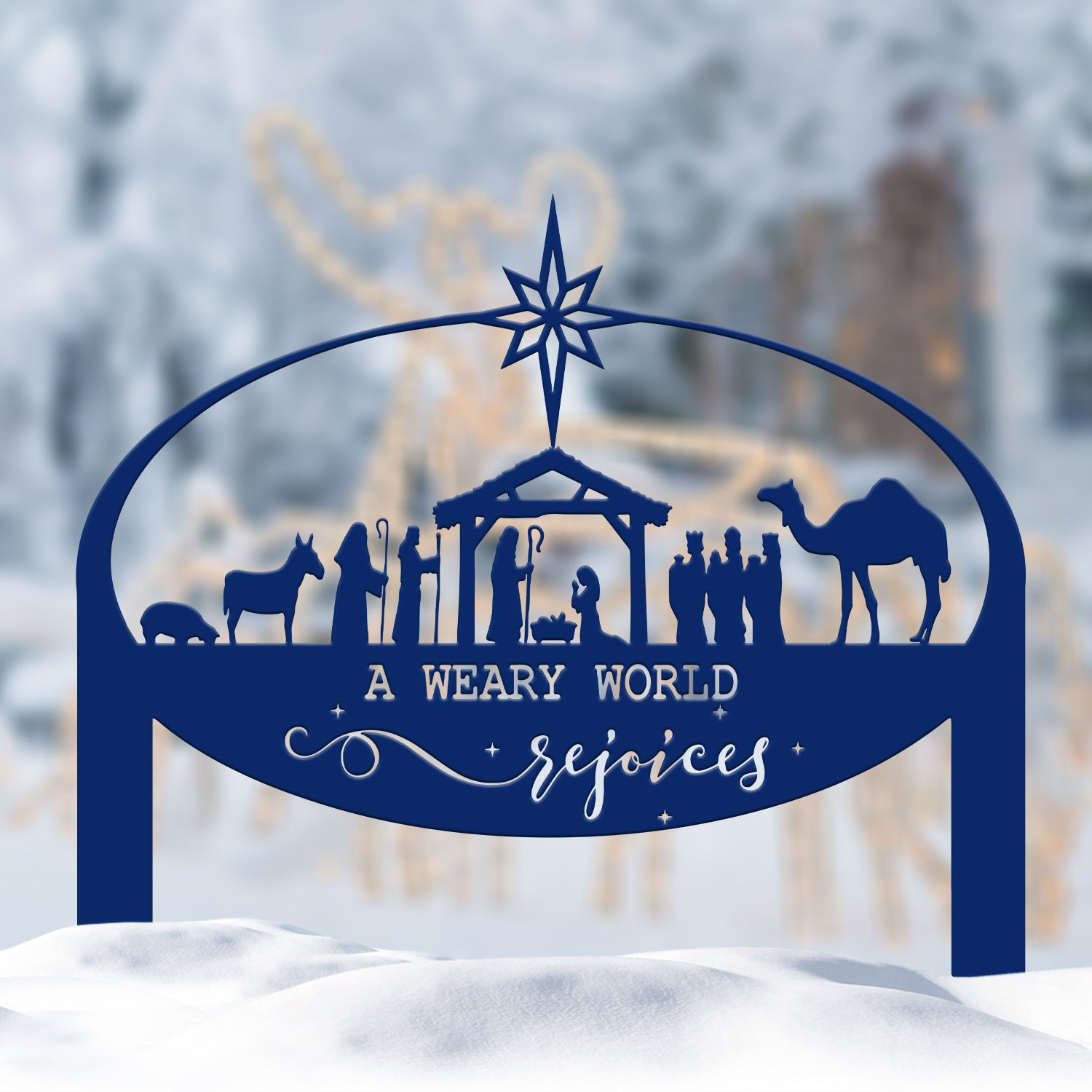A Weary World Rejoices Sign, Outdoor Nativity Metal Yard Stake, Oval Manger Scene Sign, Holiday Decor, Merry Christmas Sign