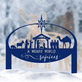 A Weary World Rejoices Sign, Outdoor Nativity Metal Yard Stake, Oval Manger Scene Sign, Holiday Decor, Merry Christmas Sign