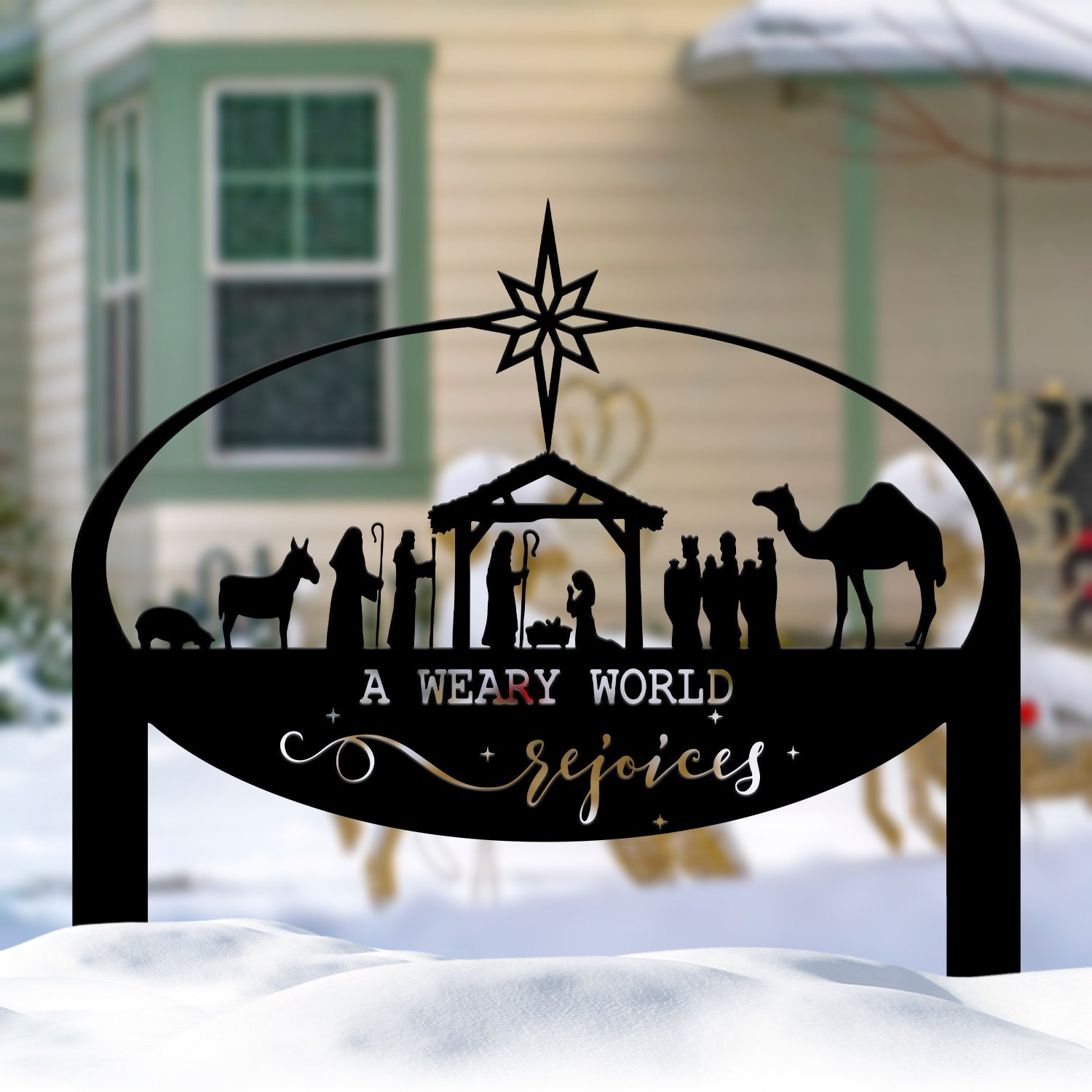 A Weary World Rejoices Sign, Outdoor Nativity Metal Yard Stake, Oval Manger Scene Sign, Holiday Decor, Merry Christmas Sign