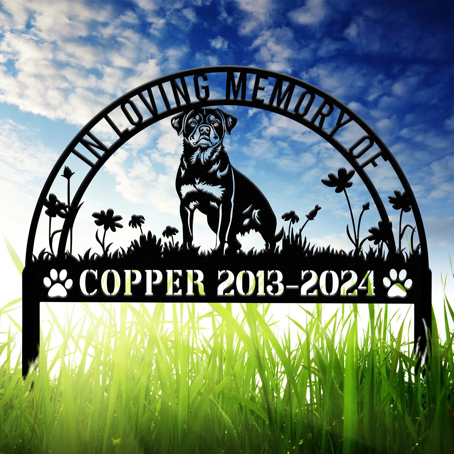 Custom Rottweiler Dog Name Sign - Memorial Garden Metal Stake, Outdoor Pet Cemetery Marker, Personalized Dog Gift for Loss