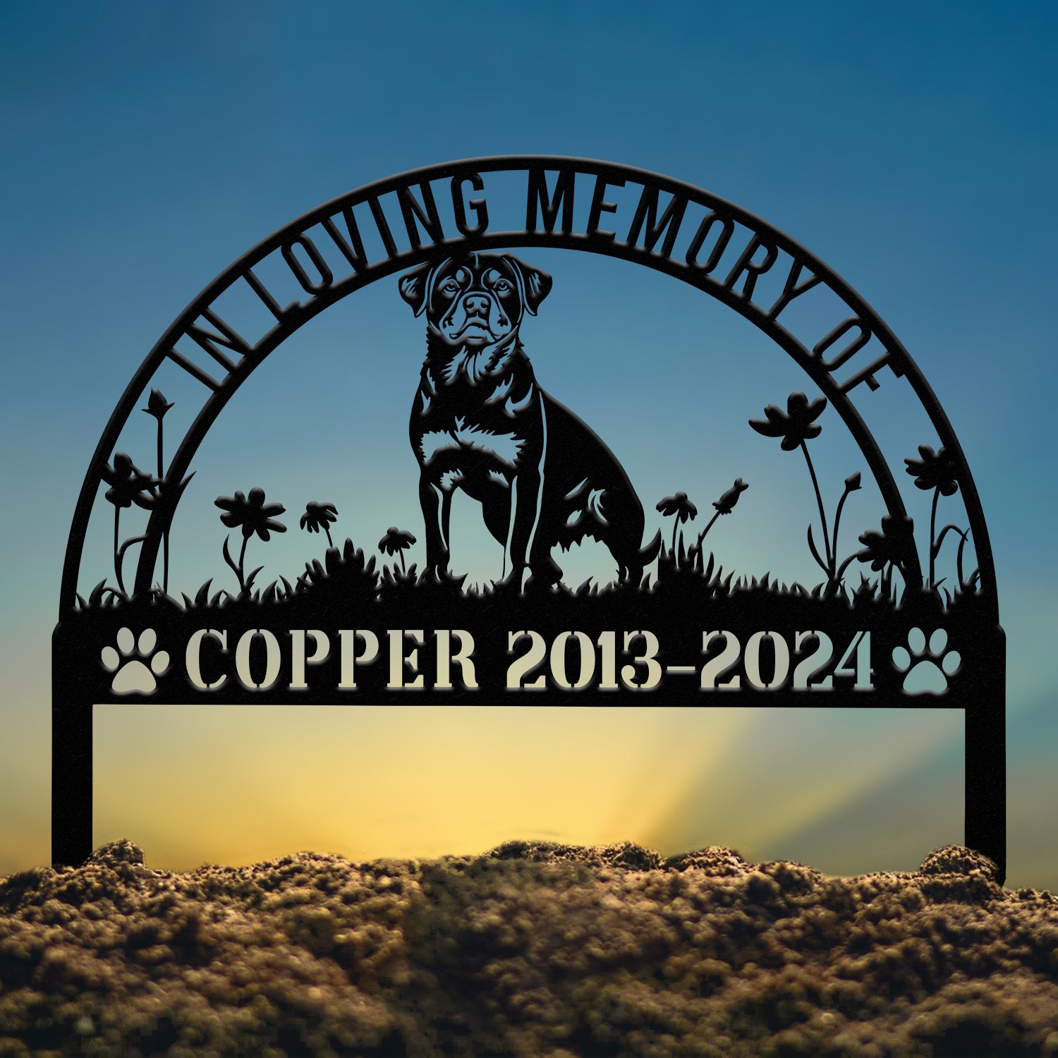 Custom Rottweiler Dog Name Sign - Memorial Garden Metal Stake, Outdoor Pet Cemetery Marker, Personalized Dog Gift for Loss