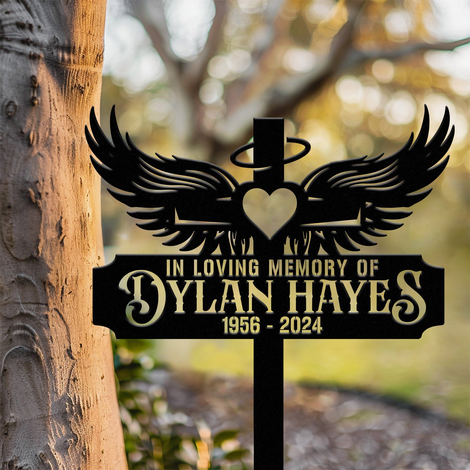 Custom Heart with Angels Wings Memorial Cross Stake, In Memory Cross, Grave Marker, Custom Cross Stake, Sympathy Gift, Remembrance Stake
