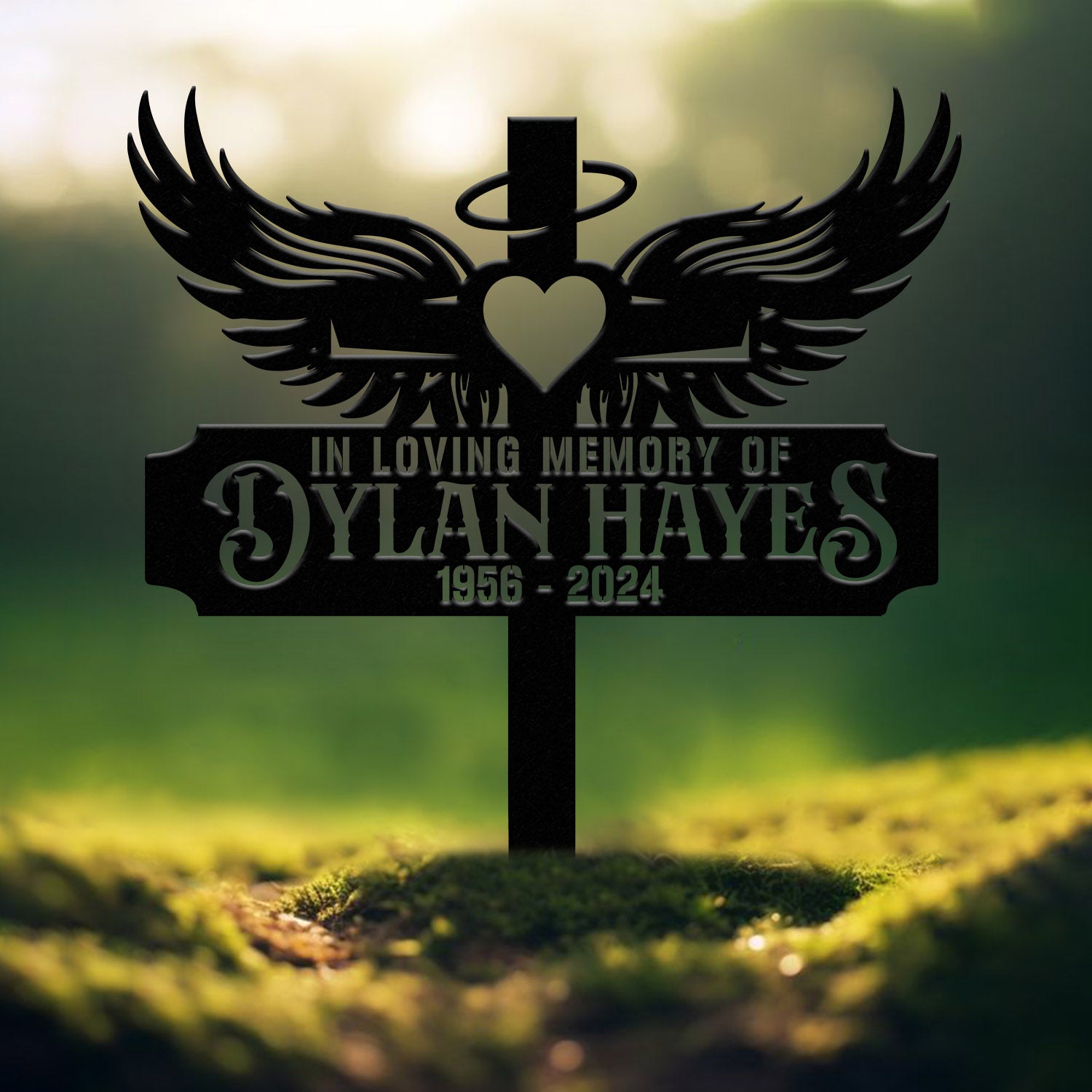Custom Heart with Angels Wings Memorial Cross Stake, In Memory Cross, Grave Marker, Custom Cross Stake, Sympathy Gift, Remembrance Stake
