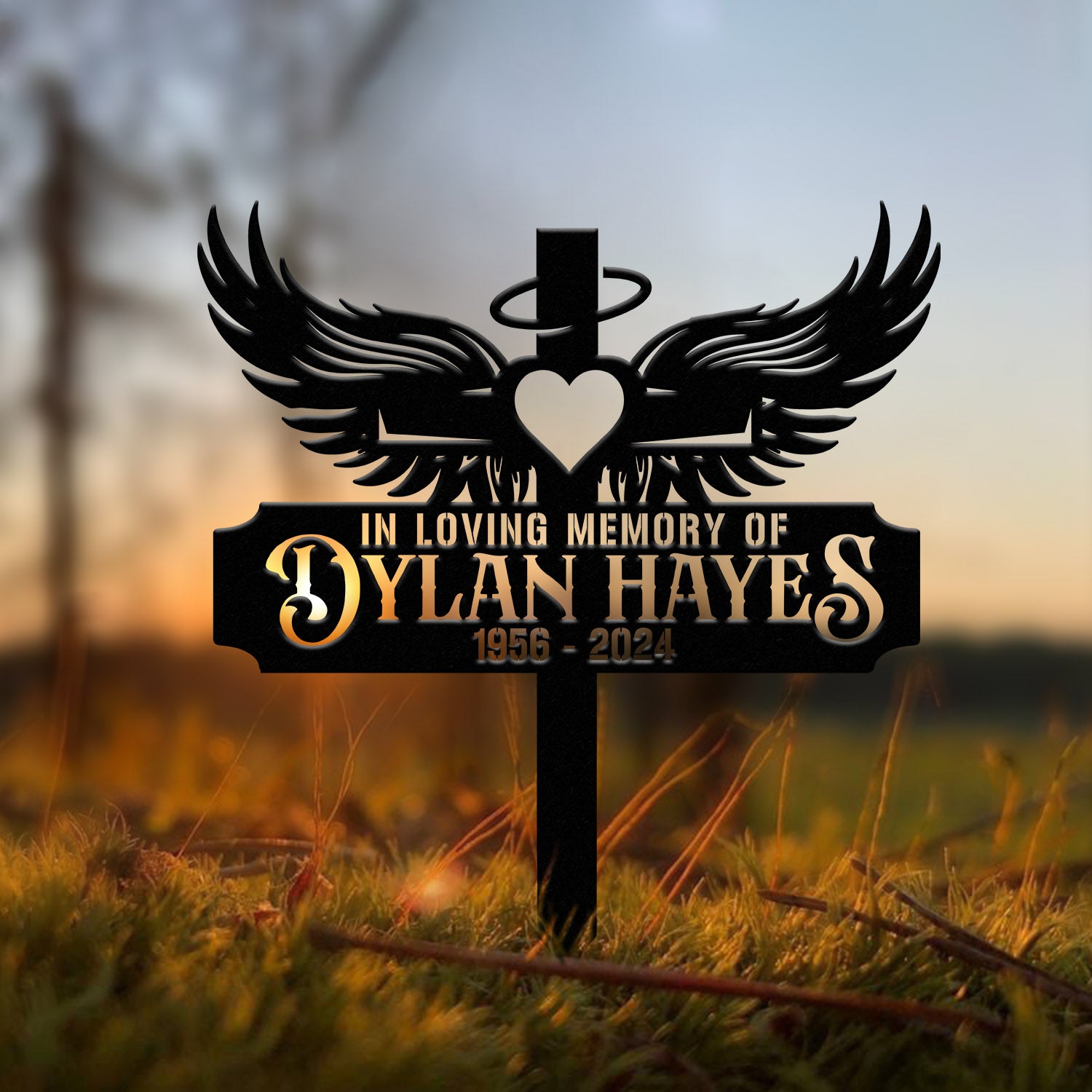 Custom Heart with Angels Wings Memorial Cross Stake, In Memory Cross, Grave Marker, Custom Cross Stake, Sympathy Gift, Remembrance Stake