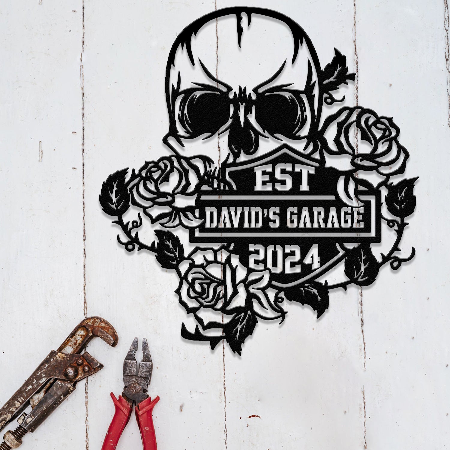 Custom Skull Flowers Metal Sign with Led Lights, Flower Skull Signs, Sugar Skull, Skeleton Decor, Gothic Decor, Gift for Him