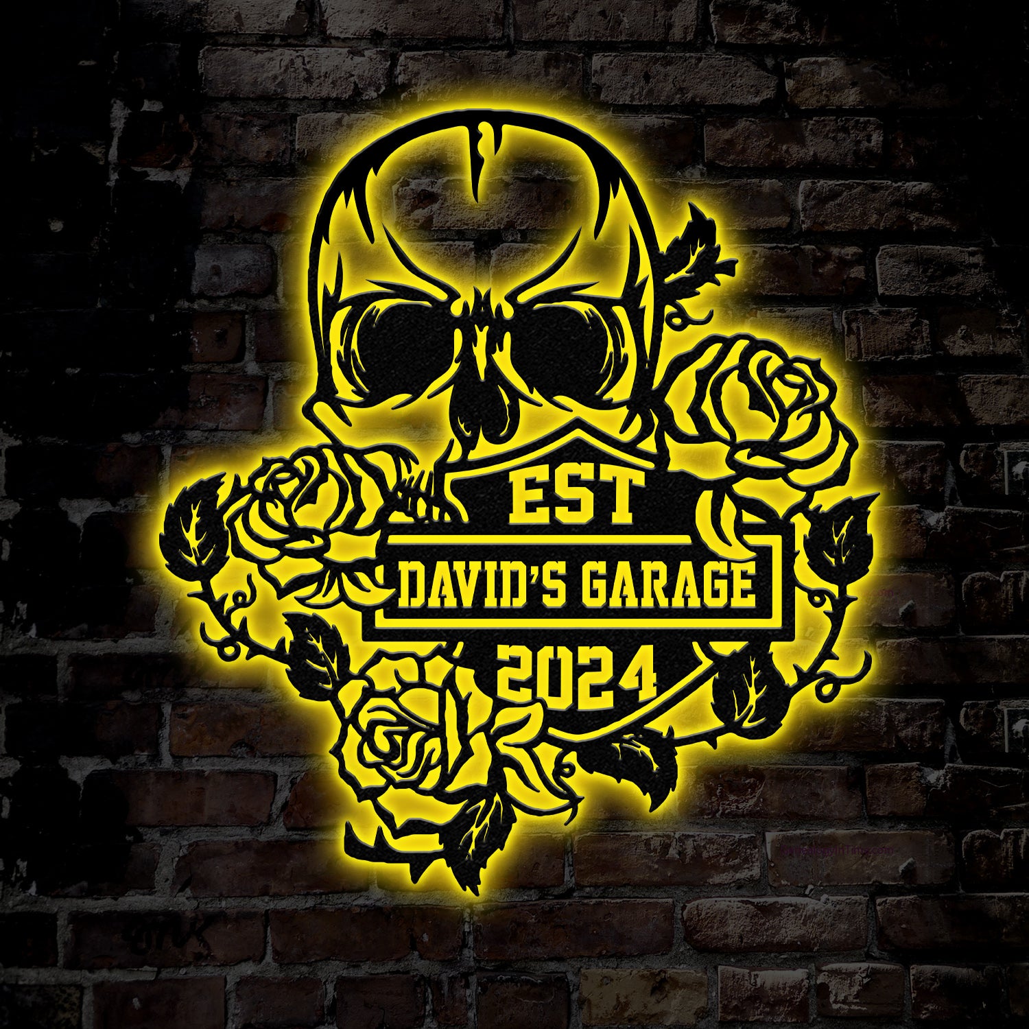 Custom Skull Flowers Metal Sign with Led Lights, Flower Skull Signs, Sugar Skull, Skeleton Decor, Gothic Decor, Gift for Him