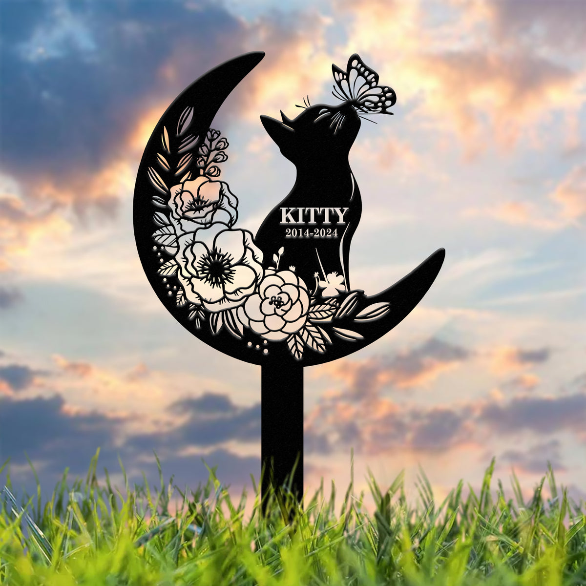 Custom Cat Grave Marker - Personalized Memorial Stake with Moon & Flowers, Cat Name Garden Decor, Metal Cat Loss Gift for Pet Remembrance